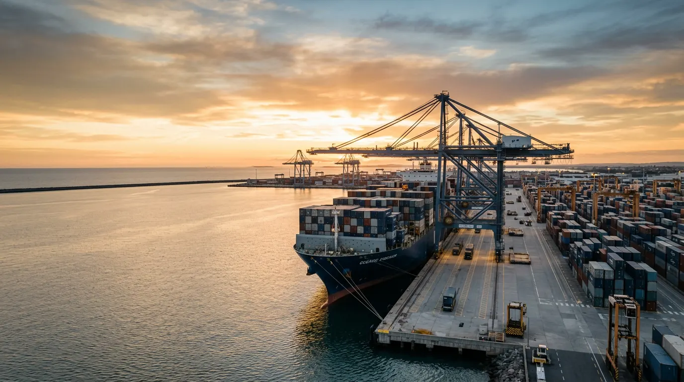 Container ship at a port terminal at sunset