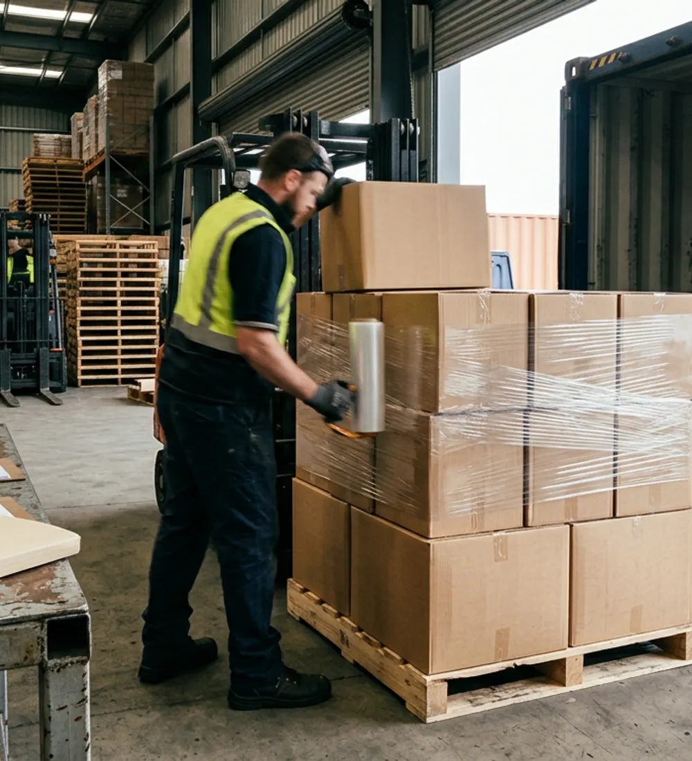 Export cartons stacked on a pallet beside a shipping container