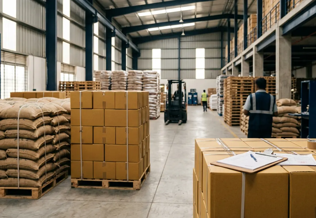 Organised warehouse with export sacks and cartons on pallets